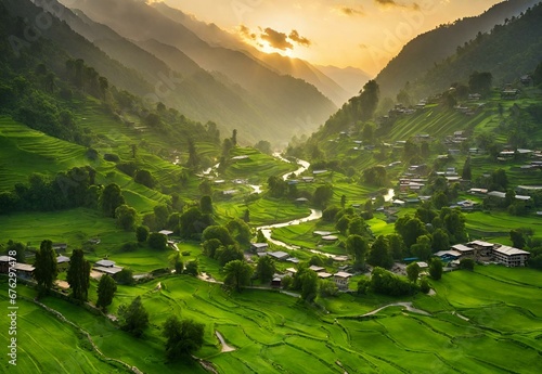 A serene image capturing the lush green valleys of Swat in Pakistan during the golden hour.