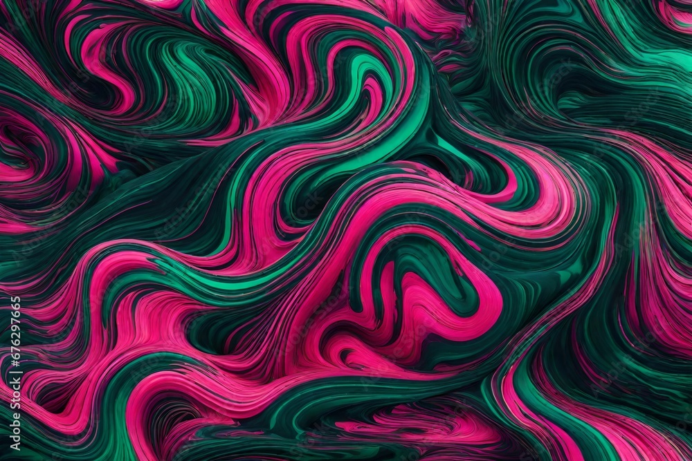 Liquid emerald and neon pink in a captivating swirl of vivid hues.