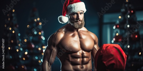 Muscular body builder Father Santa Claus on christmas decorated background showing his muscles. christmas holidays