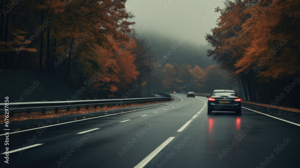 Driving on the motorway on a dark moody day with autumn colorful leaves.
