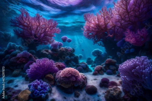 A surreal underwater world with luminescent coral in a sea of purples and blues.