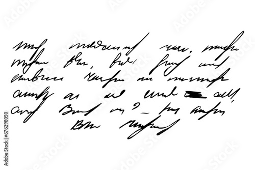 Handwritten Unreadable ink stroke, doodle illegible fictional language isolated on white background. Vintage pen writen. photo