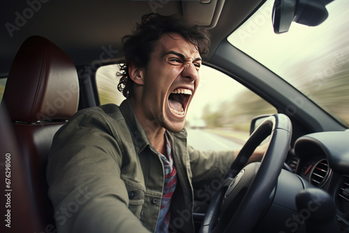 Man shakes his fist and shouts in road rage as he drives a car,Angry man driving.