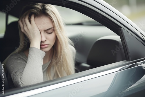 Stressed woman driver car after depression. Traffic auto looking pain. Generate Ai