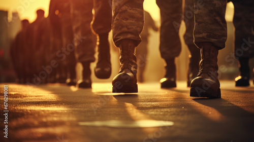 Special armed forces. Army.Marching army of men in uniform and boots ,close up,Army boots close up.