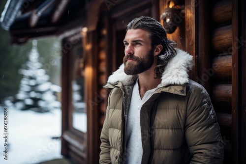 A handsome man at a winter cabin, embracing the liberating feeling of escape and relaxation in a cozy mountain retreat, surrounded by the tranquility of a snowy landscape