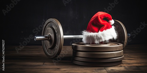 Father Christmas hat on a gym dumbbell weight. New year resolution and healthy lifestyle, red Santa hat. Exercise equipment fitness gift. holiday season winter composition. Gym workout, sport training
