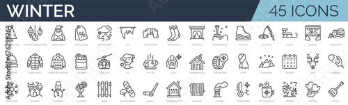 Set of 45 outline icons related to winter. Linear icon collection. Editable stroke. Vector illustration