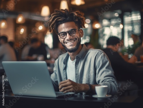 Young man working on laptop, student or freelancer with computer sitting in cafe at table looking in camera. AI generative