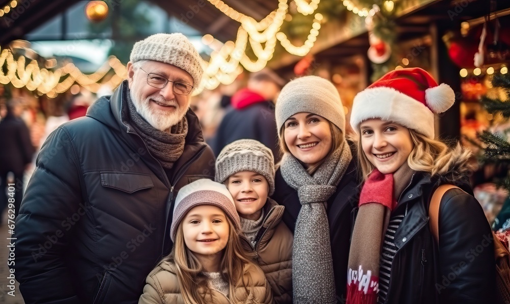 Happy Big Family standing at a Christmas market,, winter holidays celebration, mother, father, children ,parents, at christmas market on town hall square, Having fun together Happy Big Family standing at a Christmas market,, winter holidays celebration, mother, father, children ,parents, at christmas market on town hall square, Having fun together