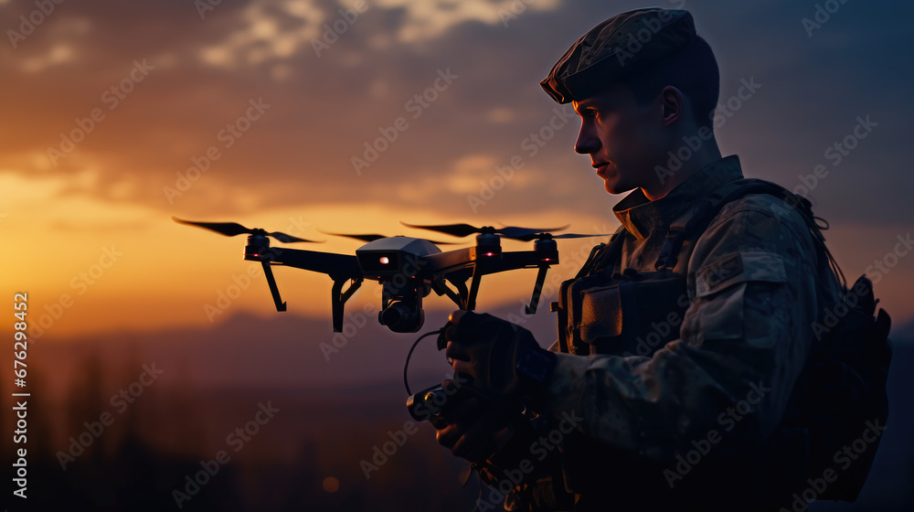 Silhouette of Soldiers using drones scouting during military, Modern ...
