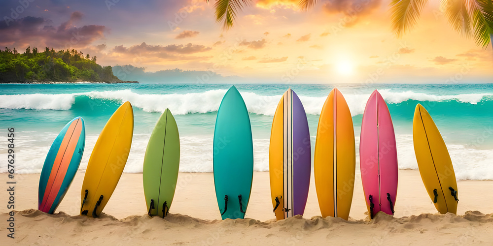 colorful surfboards standing in tropical beach sand with ocean in the background. - obrazy, fototapety, plakaty 
