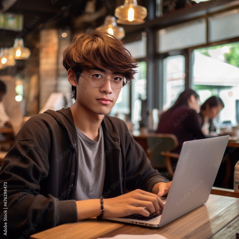 Fototapeta premium Young man working on laptop, student or freelancer with computer sitting in cafe at table looking in camera. AI generative