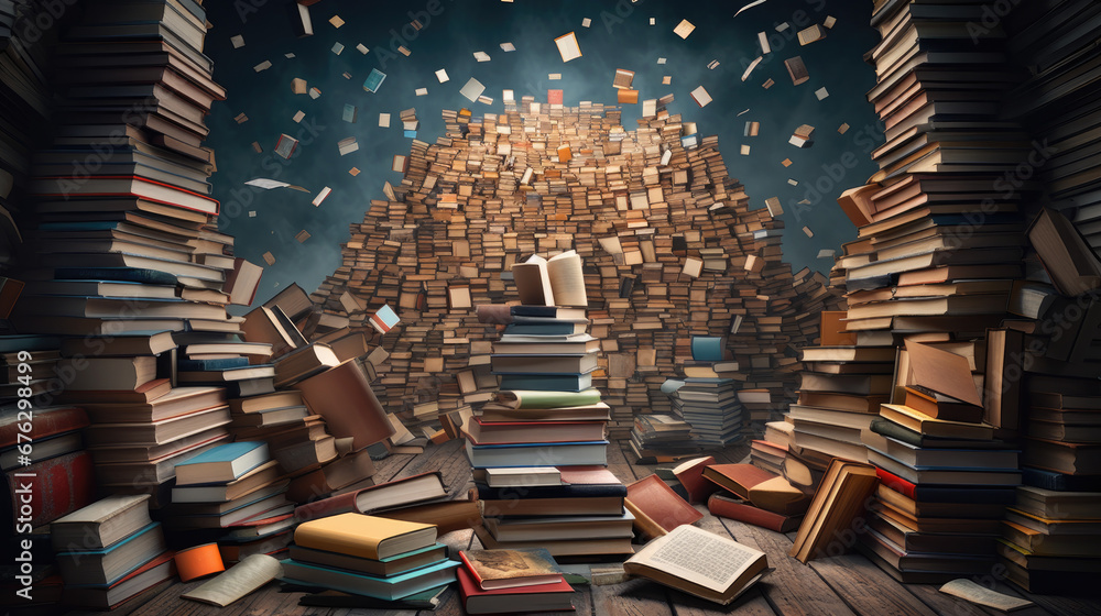 A room full of stacks of books piled up to the ceiling in a magical library or bookshop - obrazy, fototapety, plakaty 