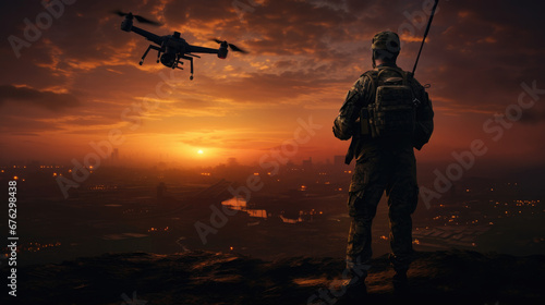 Silhouette of Soldiers using drones scouting during military, Modern army guidance views enemy positions,Military using Drone for Scouting During Operation Military.