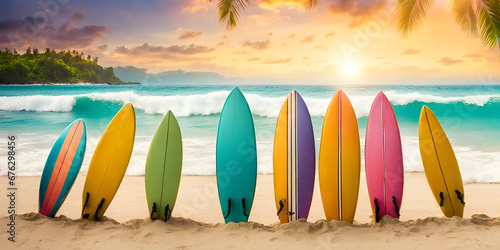 colorful surfboards standing in tropical beach sand with ocean in the background. photo