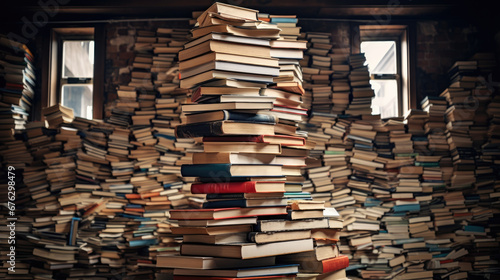 A room full of stacks of books piled up to the ceiling in a magical library or bookshop