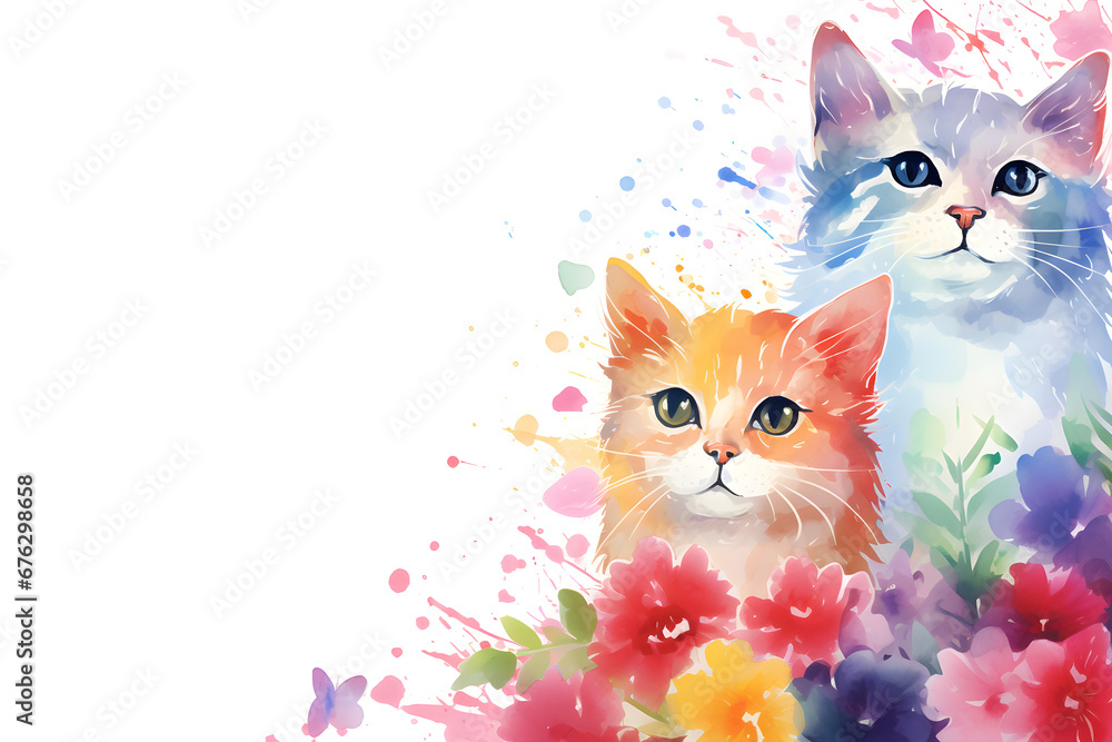 Cute cat frame background in watercolor style. Cute cat frame background in watercolor style.