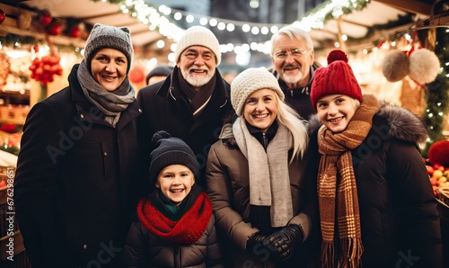 Happy Big Family standing at a Christmas market,, winter holidays celebration, mother, father, children ,parents, at christmas market on town hall square, Having fun together