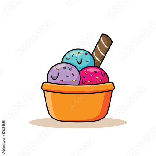 Three scoops of gelato ice cream cups in various flavors with colorful sprinkles topping ; Cartoon vector illustration