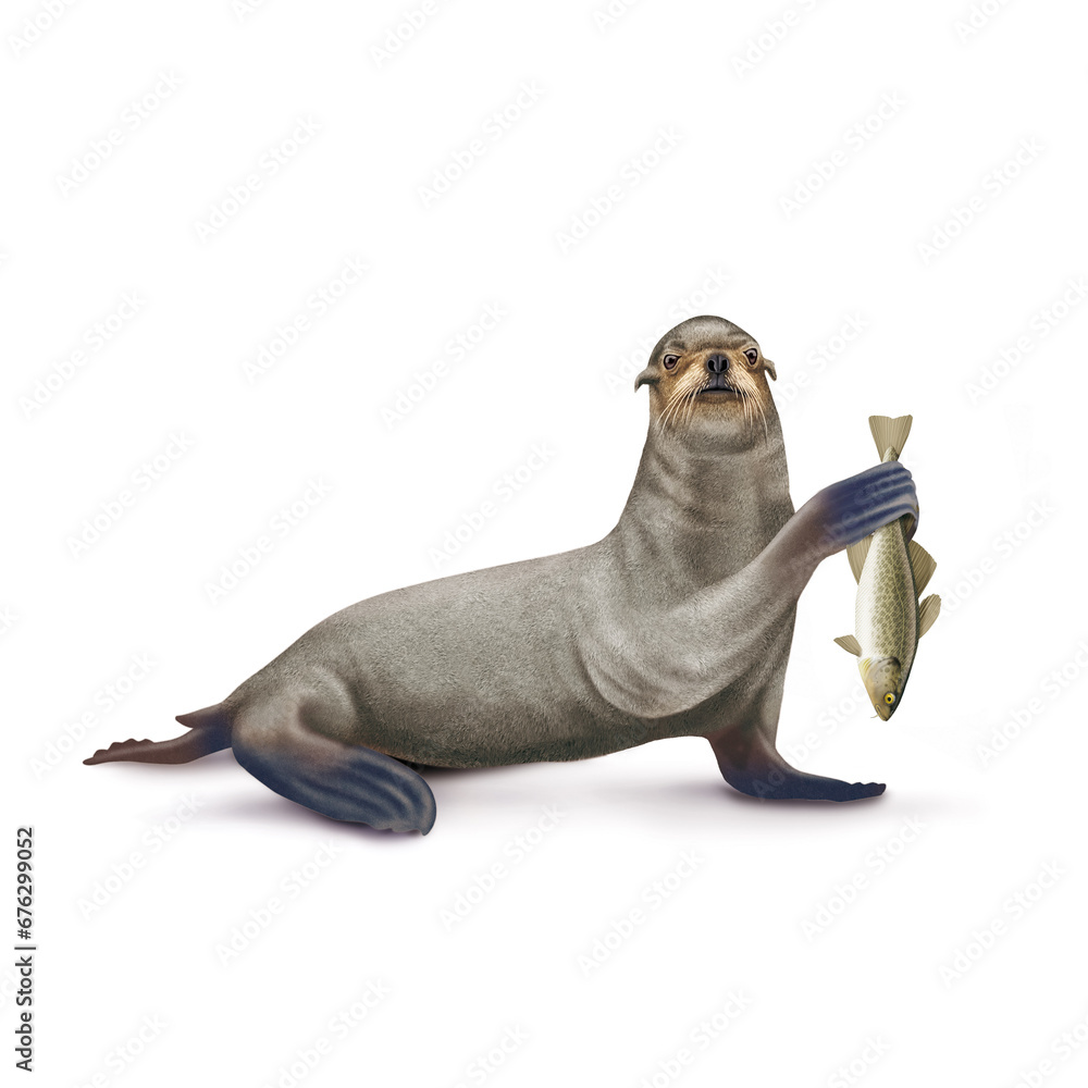Obraz premium illustration d'un otarie qui tiens un poisson cabillaut dansa main