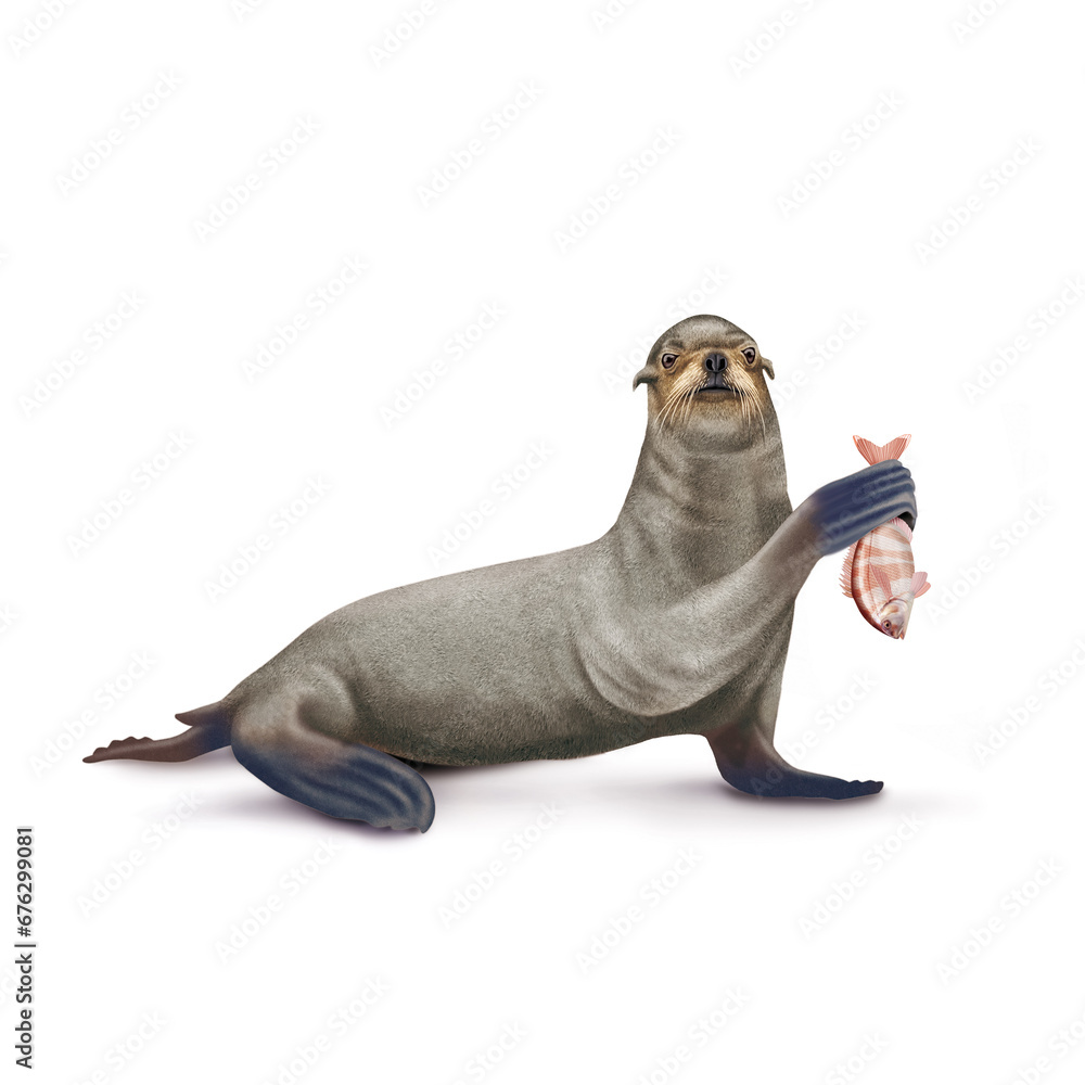 Obraz premium illustration d'un otarie qui tiens un poisson pagre dansa main