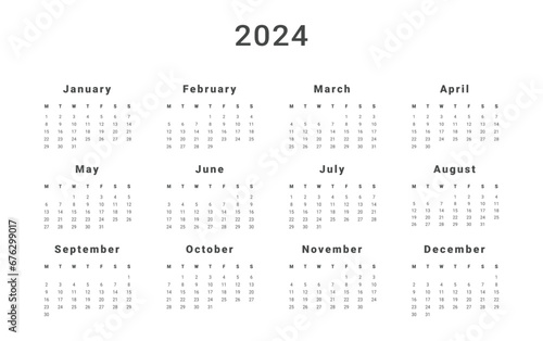 2024 Annual Calendar template. Vector layout of a wall or desk simple calendar with week start Monday. Calendar design in black and white colors