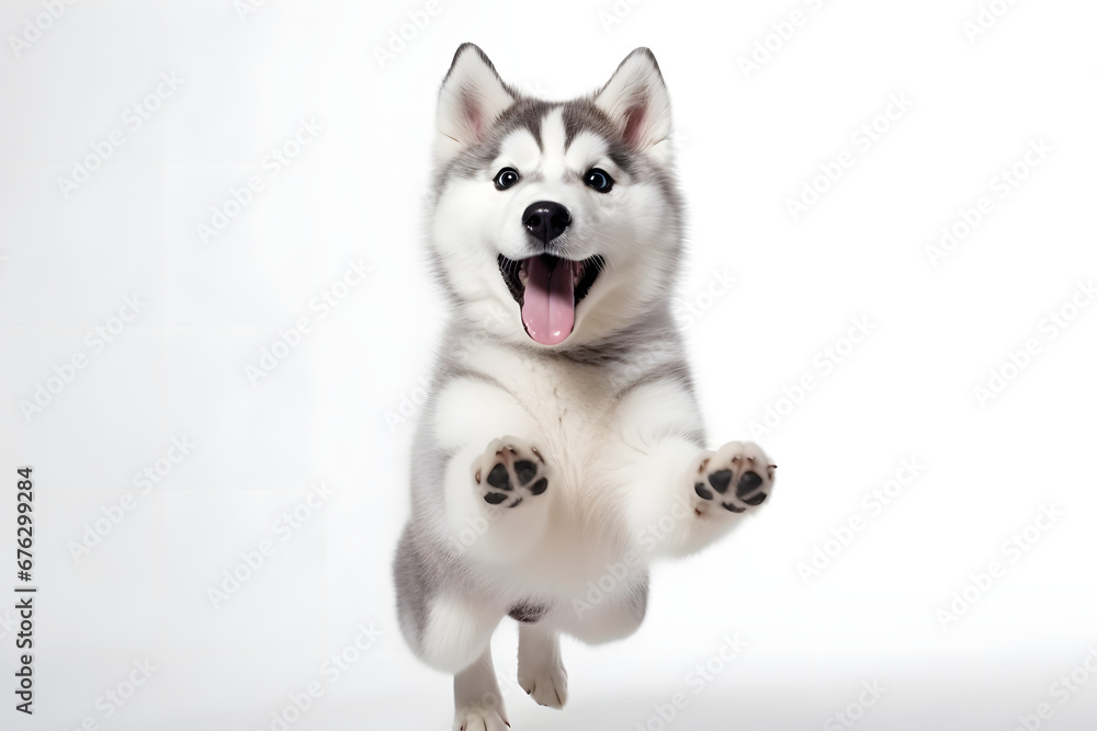 Siberian husky dog is posing on studio background. Cute playful playing and looking happy.