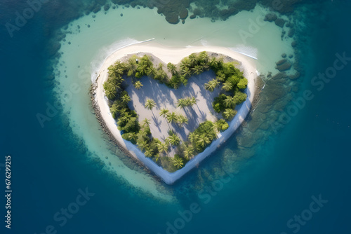Top view of paradise island in heart shape. Love concept background.