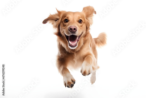 Funny golden retriever dog is posing on studio background. Cute playful playing and looking happy.