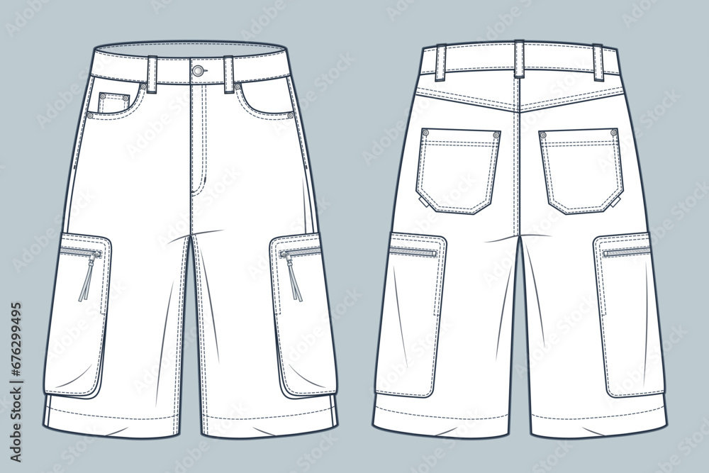 Cargo Shorts technical fashion illustration. Denim Short Pants fashion flat technical drawing template, pockets, front and back view, white, women, men, unisex CAD mockup. Cargo Shorts technical fashion illustration. Denim Short Pants fashion flat technical drawing template, pockets, front and back view, white, women, men, unisex CAD mockup.