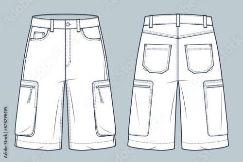 Cargo Shorts technical fashion illustration. Denim Short Pants fashion flat technical drawing template, pockets, front and back view, white, women, men, unisex CAD mockup.