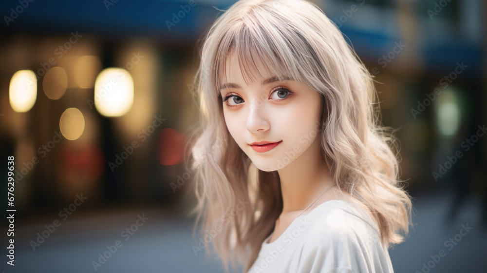 Cute Asian girl against the background of a bright night street of a beautiful city. Cute Asian girl against the background of a bright night street of a beautiful city.
