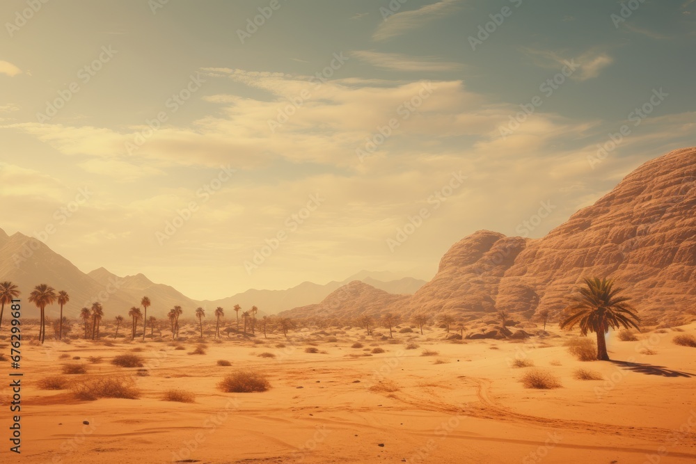 Calm desert view with palm trees Calm desert view with palm trees