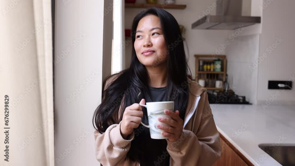 Young beautiful woman with a mug drinking coffee next to a window in a kitchen. Smiling woman enjoying a coffee break at home. Young beautiful woman with a mug drinking coffee next to a window in a kitchen. Smiling woman enjoying a coffee break at home.