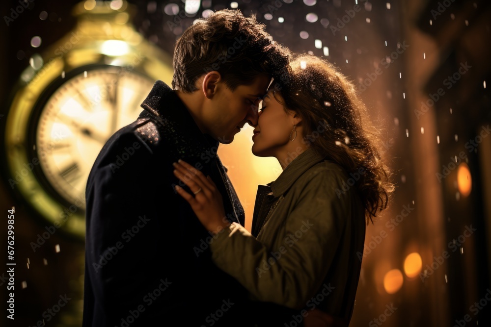 a young woman sharing a romantic kiss with her partner as the clock strikes midnight, the magical atmosphere and sparkles in the background symbolizing the liberation of love and new beginnings