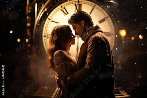 a young woman sharing a romantic kiss with her partner as the clock strikes midnight, the magical atmosphere and sparkles in the background symbolizing the liberation of love and new beginnings photo