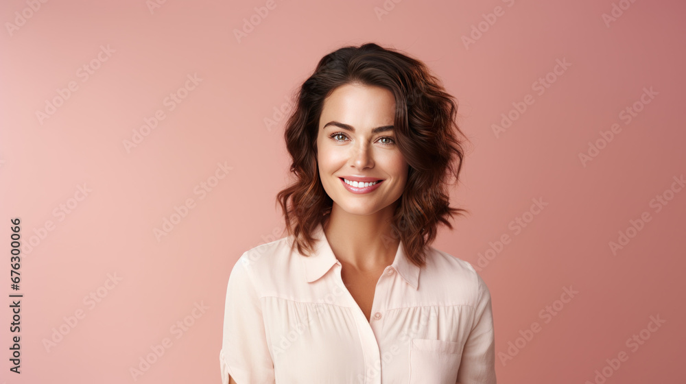 Fototapeta premium Beautiful smiling European woman in a light blouse or tank top.