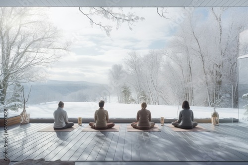 yoga session taking place on a snow-covered deck overlooking a picturesque winter landscape, guests finding tranquility and wellness amidst the snowflakes
