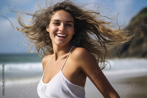 a young and beutiful woman embracing the liberating feeling of joy as she runs along the beach, the wind tousling her hair © Gbor