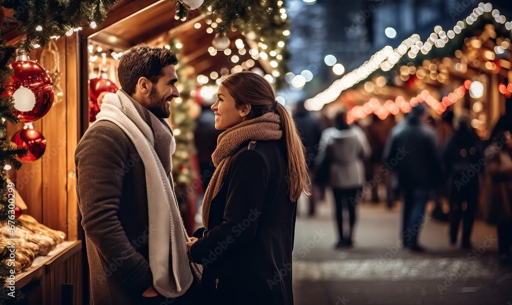 Having fun together at a christmas fairy. Young cheerful couple is having a walk with hot drinks, enjoying, dressed warm, looking at each other and laugh, Enjoying Christmas Market