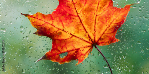 Fall seasonal background - orange leaves are visible through glass wet from raindrops in autumn rainy day.