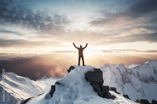 people reaching the snow-covered summit of a majestic mountain, his arms raised in celebration, embodying the liberating feeling of achievement and success