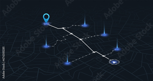 Dashboard with satellite, location and roadmap for navigation. Big data in modern city. Abstract city. Futuristic gps map navigator system, direction path, location tracks dashboard. Vector