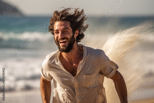 n image of a young, handsome man, embracing the liberating feeling of joy as he runs along the beach, the wind tousling his hair photo