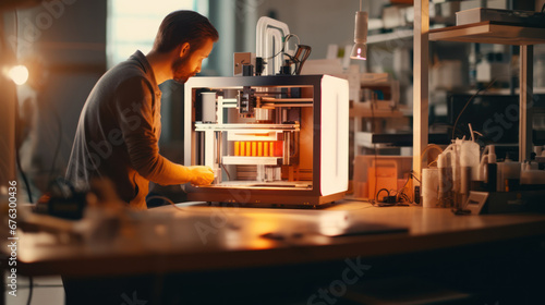 Engineer prints a prototype model on a 3d printer in a laboratory using equipment. The concept of creativity, technology and 3d printing.