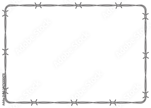 Vector black line barbed wire tangled in a horizontal rectangle. Isolated on white background.