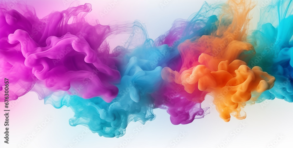 Multicolored paint smoke explosion in vibrant colors on white background