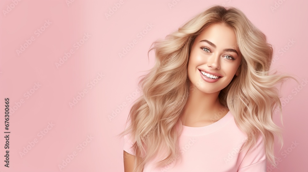 Smiling young woman with blonde long groomed hair isolated on pink background Smiling young woman with blonde long groomed hair isolated on pink background