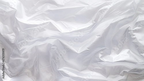 Transparent white glossy wrinkled plastic texture. Crumpled thin plastic backdrop. Generative AI photo